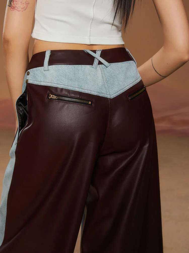 Fashion Women Washed Patchwork Contrasting Leather Jeans High Waist Straight Wide Leg Denim Pants Spring New