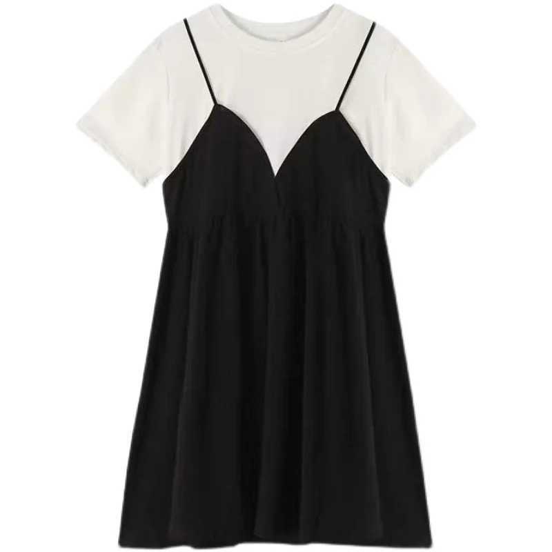 Summer Maternity New Fashion Casual Dresses Summer Mid-Length Maternity Tops Loose False Two-Piece Short-Sleeved Halter DressesT250311