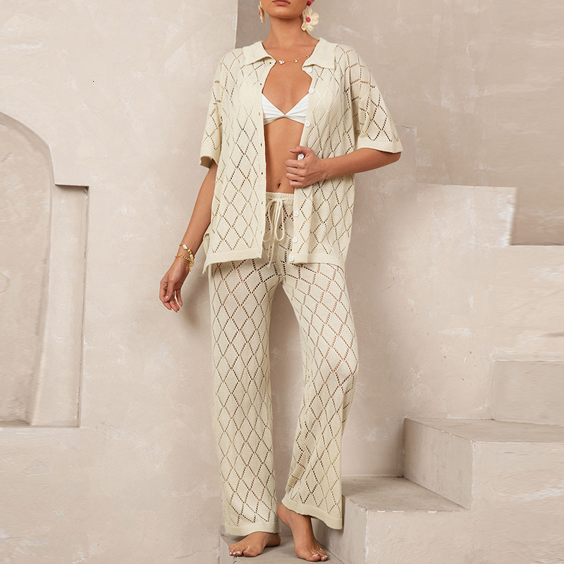 Beach Short Sleeved Shirt, Long Pants, Hollowed Out Perspective Casual Knitted Vacation Elegant Sunscreen Cover Set