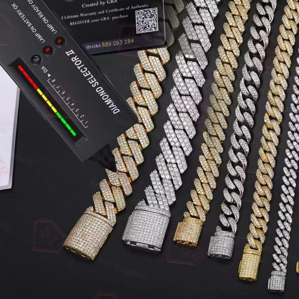 Hiphop Moissanite Cuban Chain Customized Clasp Gold Plated 925 Sterling Silver VVS Moissanite Cuban Link Chain