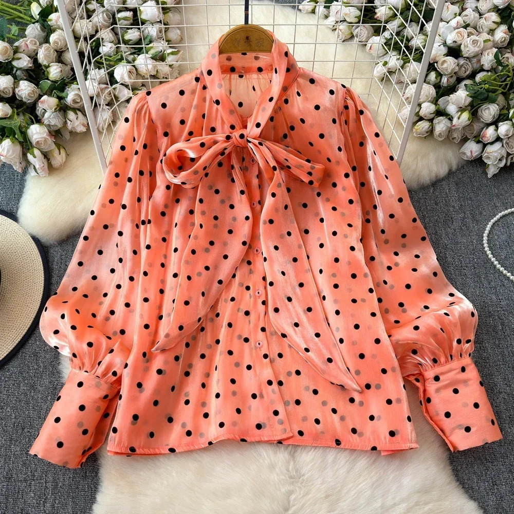 Spring Summer Women Vintage Lantern Long Sleeve Shirt Bow Lace Up Collar Polka Dot Print Loose Tops 250310