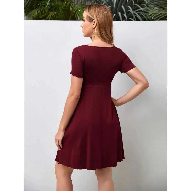 Maternity Clothes Solid Drawstring Dress Skirt Summer Casual Pregnant Women Short Sleeve V-Neck Dress Vestido Pregnancy ClothingT250311