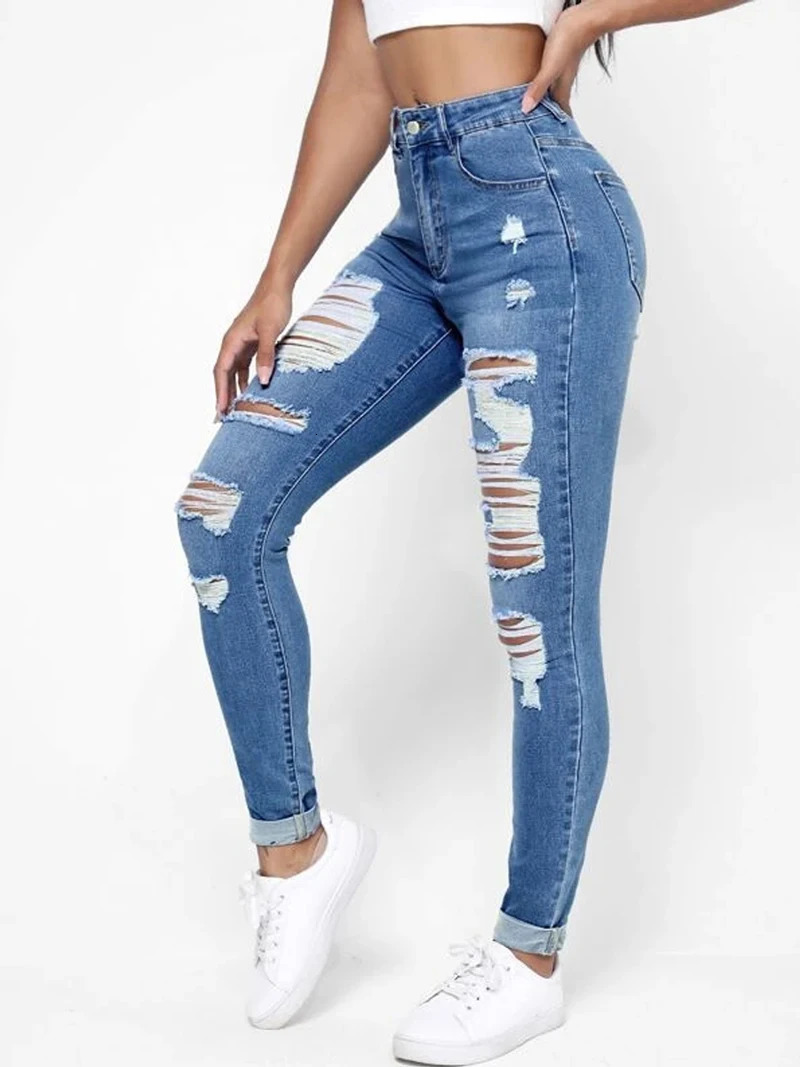Ripped Holes Casual Skinny Jeans Autumn Slash Pockets Distressed SingleBreasted Button Mid Waist Denim Pants 250311