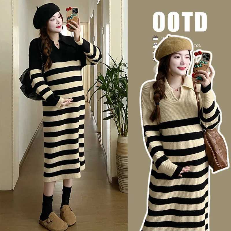 Casual Maternity Stripe Knit Dresses 2023 New Clothes for Pregnant Women Thick Fashion Lapel Long Sweater Winter Pregnancy DressT250311