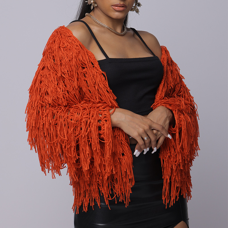 Women's New Spring Outfit, Hand Hooked Loose Tassel Hollow Out Solid Color Knitted Cardigan Sweater Short Jacket