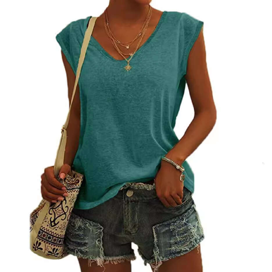 2025 New Womens Solid Color V-neck Cap Sleeves Loose T-shirt Summer Printing Short Sleeve Slim Crop Top Casual Graphic T Shirts Street Activity Crop T