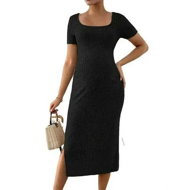 Pregnancy Dresses Fashion Maternity Rib Knit Round Square Neck Short-sleeved Pregnant Women Clothing One-piece Elegance DressT250311