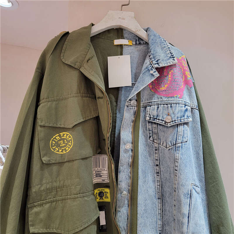 2023 Spring Autumn New Top Fashionable And Versatile Loose Splicing Color Contrasting Denim Coat For Women's Trendy School Season