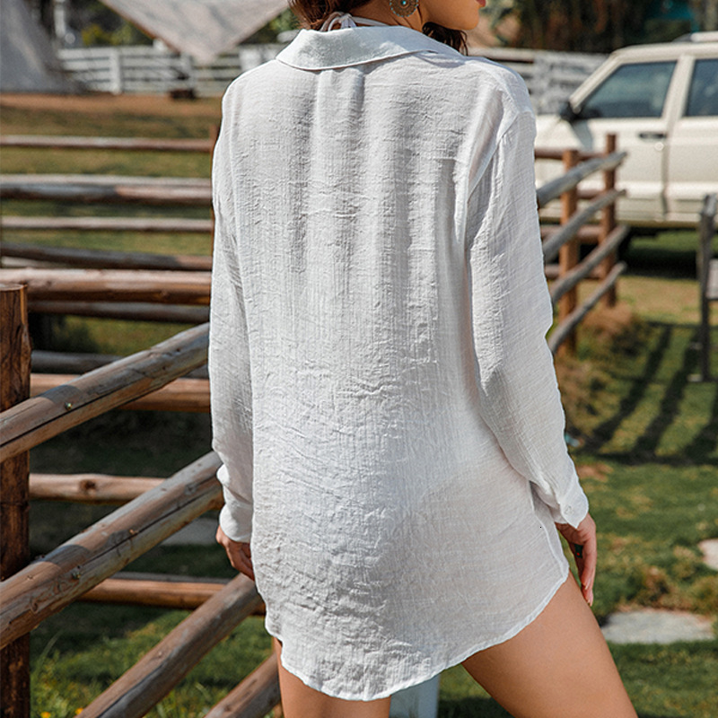 Vacation Jacket Solid Color Loose Breathable Casual Long Sleeved Shirt Sunscreen Cardigan Cover Up