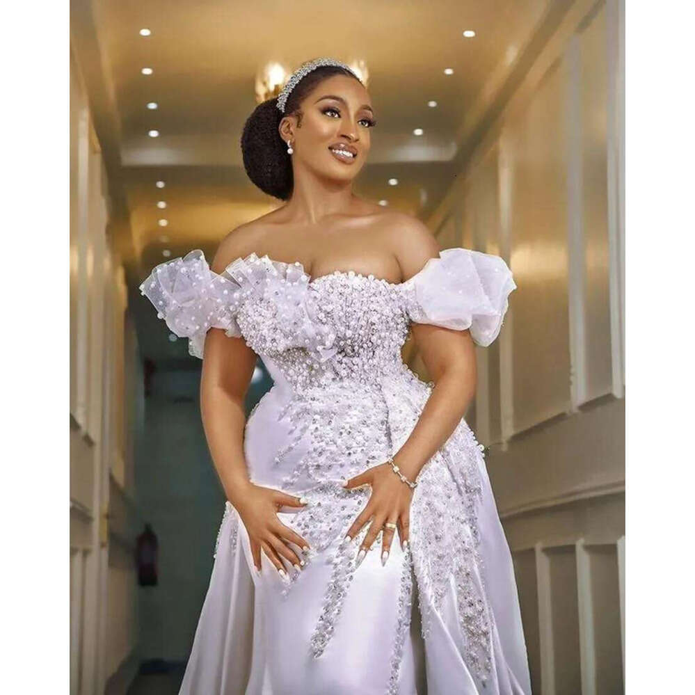 Pearls Mermaid Wedding Dresses Bride Gowns With Detachable Train African Nigerian Off The Shoulder Beaded Applique Vestido De Novia WJY