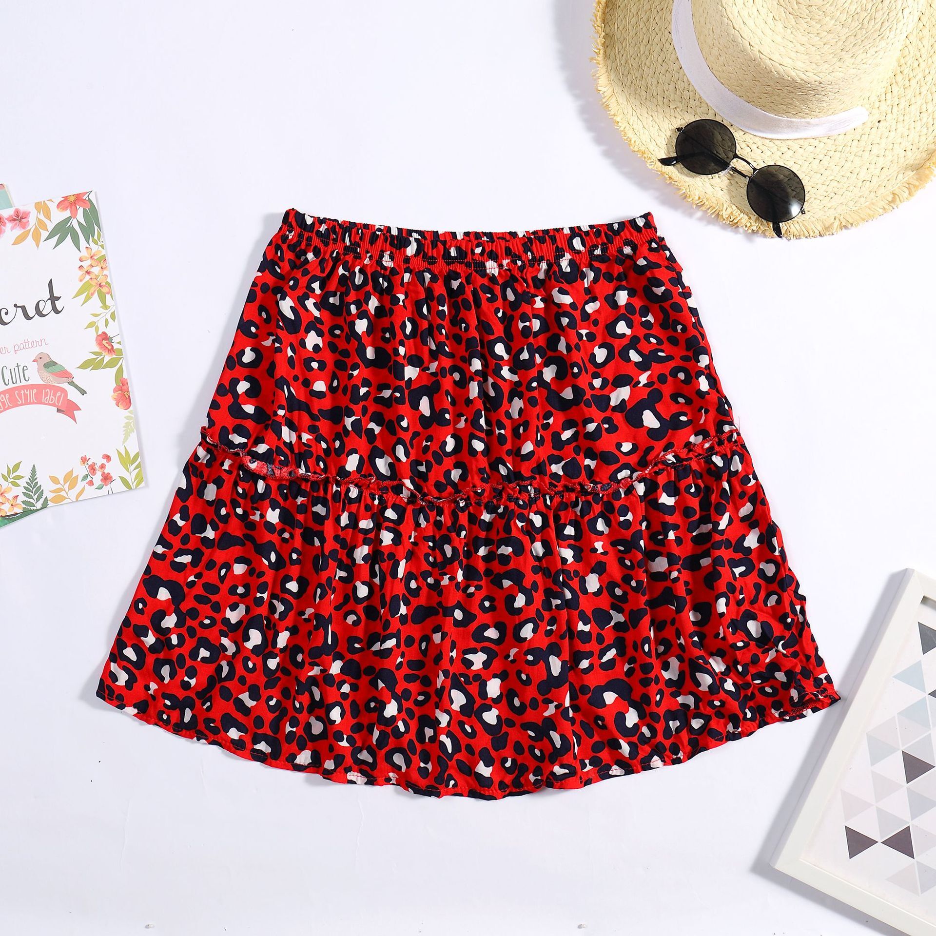 Women's Beach Vacation Printed Ruffled Hem With Elastic Rope, Women's Half Length Skirt, A-Line Skirt
