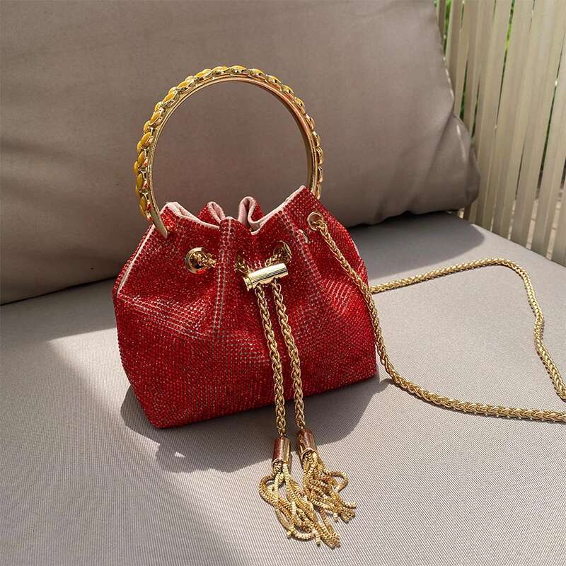 Metal Ring Handle Bucket Women Handbag Glitter Shiny Rhies Evening Wedding Party Clutch Purse Messenger Bag
