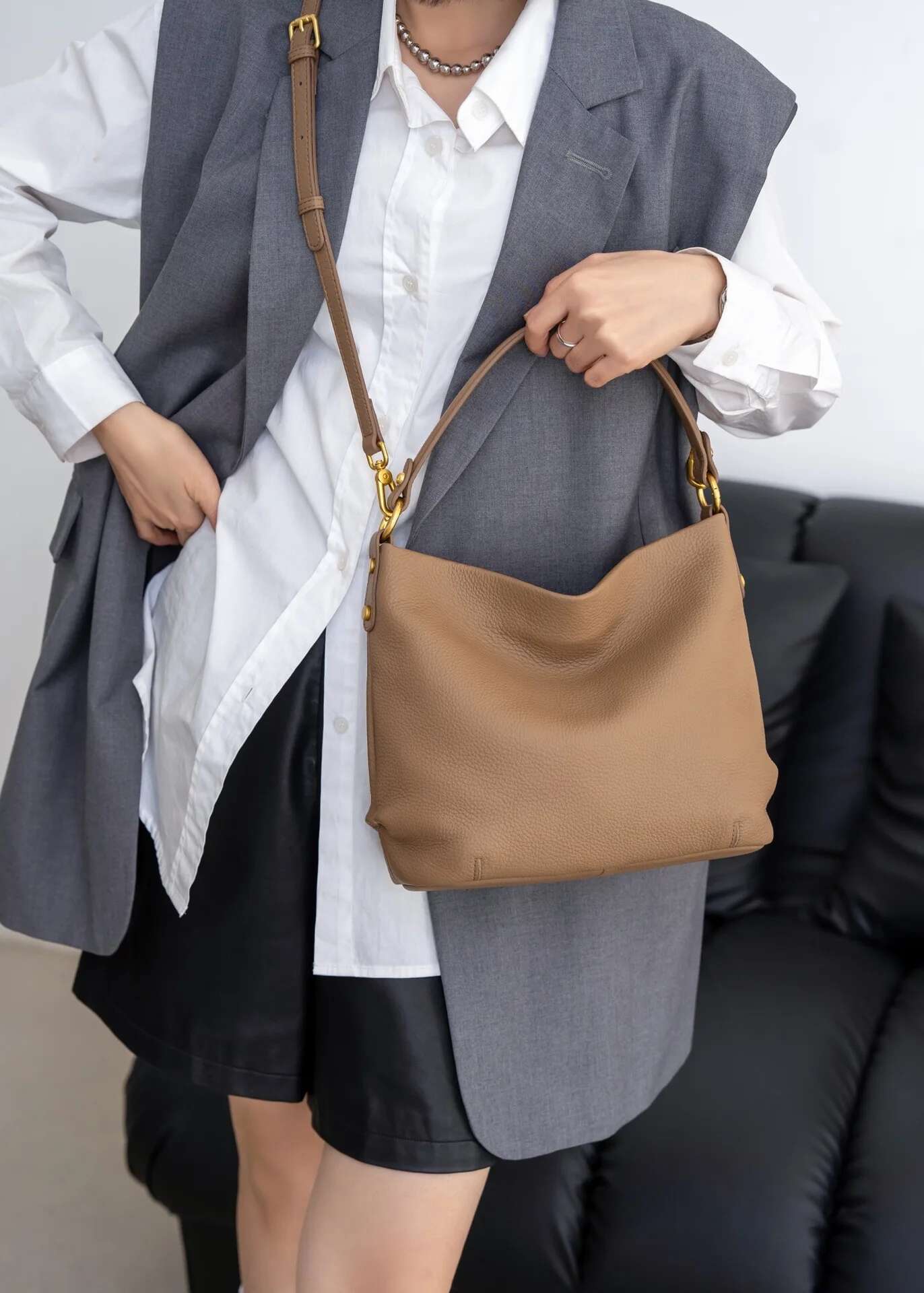 Vintage Coffee Color High Quality Soft Bucket Tote Grey Natural Import Cow Leather Women Shoulder Bag Daily-Use Handbag