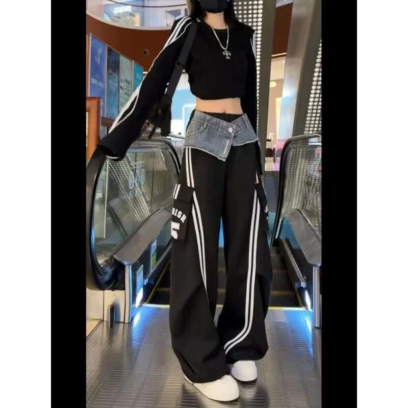 American Style Trendy Denim Two-Piece Illusion Cargo Pants Women's Autumn New Fashion Striped Multi-Pocket Bell Bottoms Casual P
