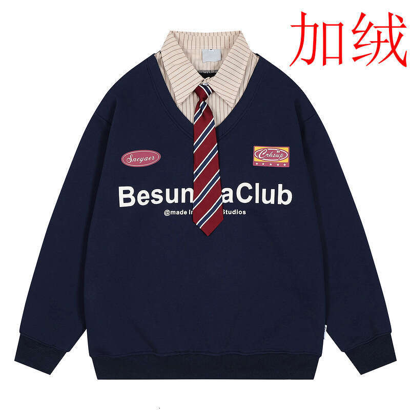 American High Street Fake Two Piece Polo Tie Hoodie For Men Women Spring And Autumn New Loose Korean Lazy College Style Coat