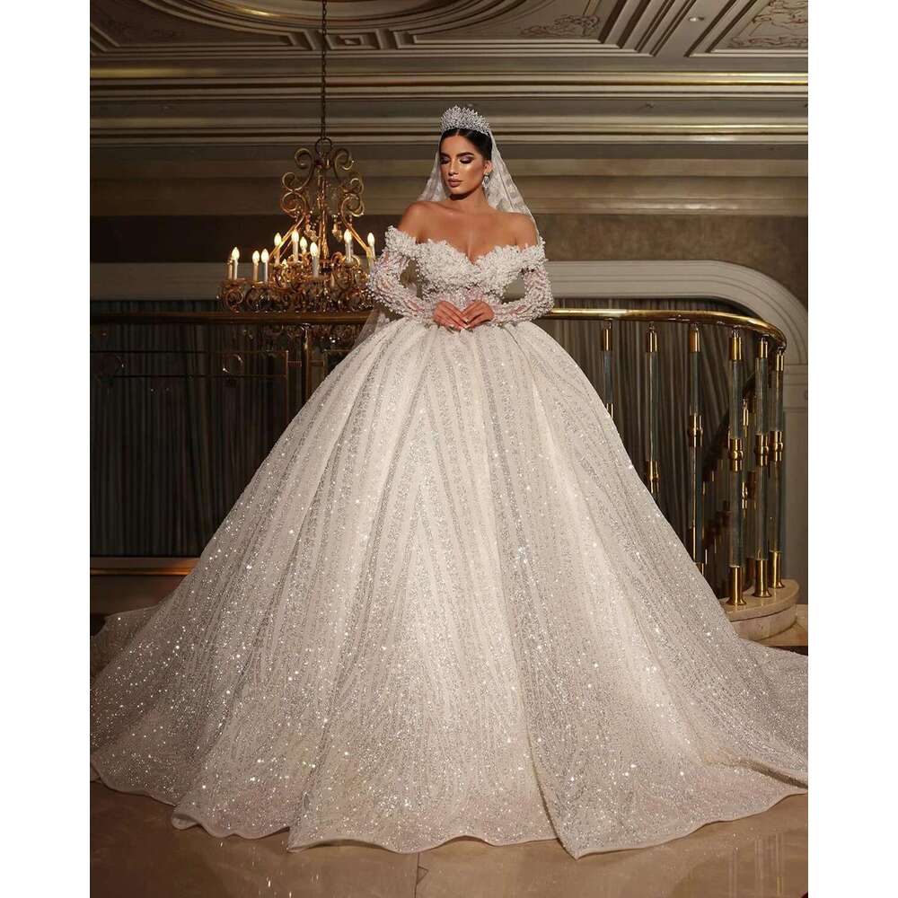 uoo off the shoulder dress sexy custom beads wedding dresses glitter sequins robe