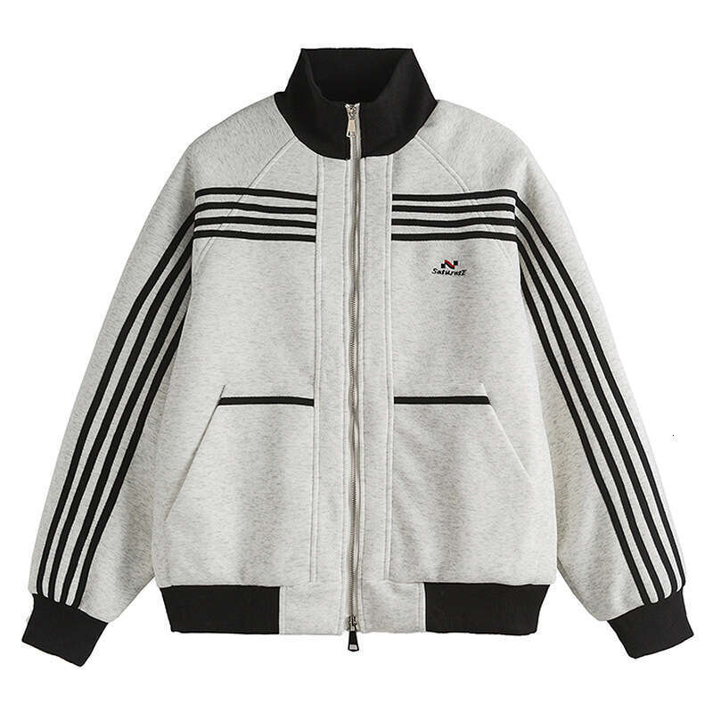 American Striped Sports Hoodie Jacket Men's Trendy Brand Spring And Autumn New High Street Design Sense Casual Stand Up Collar Zipper Cardigan