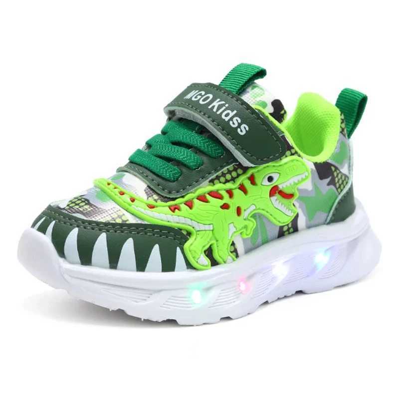 Spring New Childrens Sports Shoes Dinosaur Childrens LED Light Shoes Soft Sole Boys Causal Sneakers 2-6 Years OldXJ250311