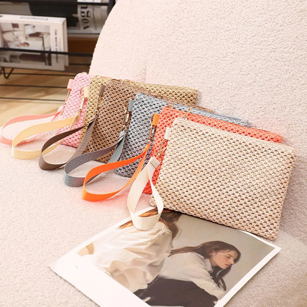 Fashion Ladies Wide Wrist Strap Clutch Weaving Bag Women Money Phone Clutch Straw Woven Coin Purse Summer Beach Wallet Bolsa R250311