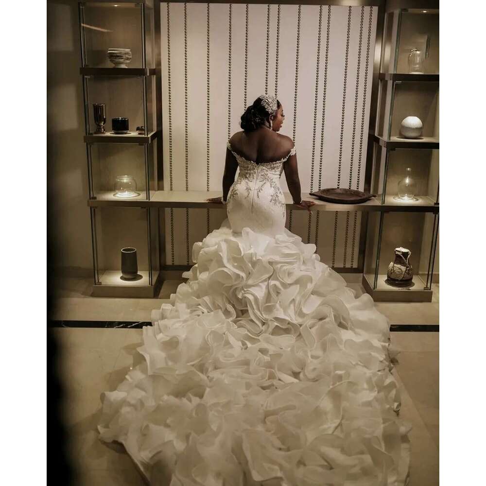 Arabic Size Mermaid Dresses, Elegant Beading Applique, Dress, Layered Ruffles, Pleated Train, Wedding Dress
