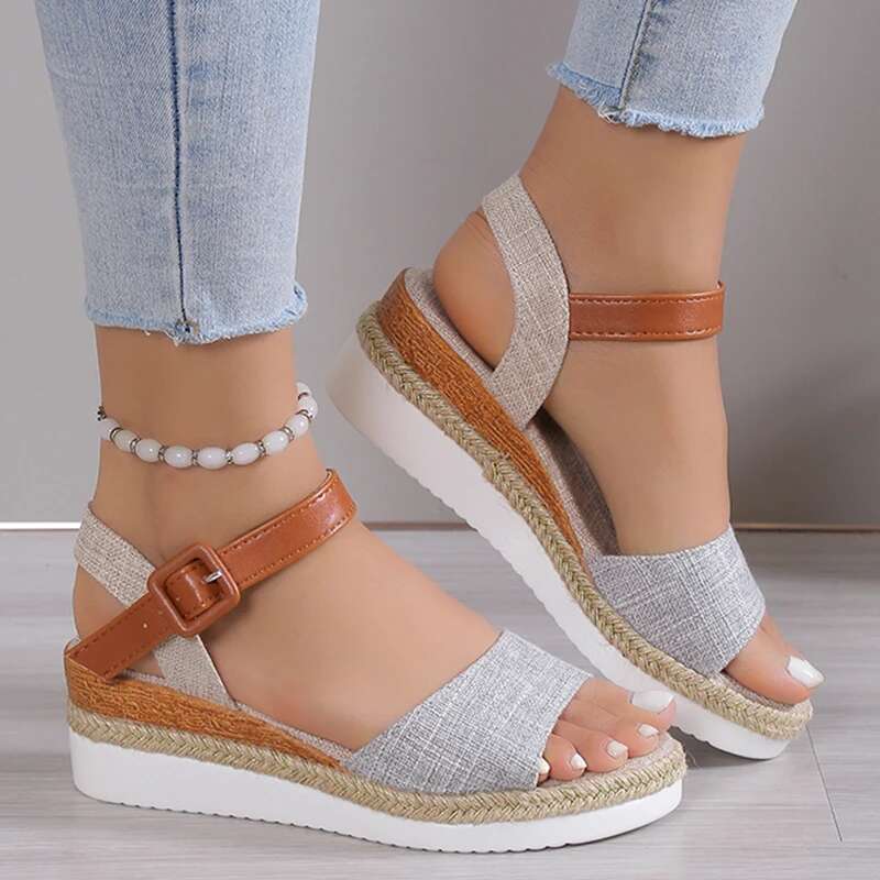 Toe Women's Peep Wedges Heels Sandals 2025 Summer Woman Low Platform Sandalias Mujer Non-slip Hemp Heeled Shoes