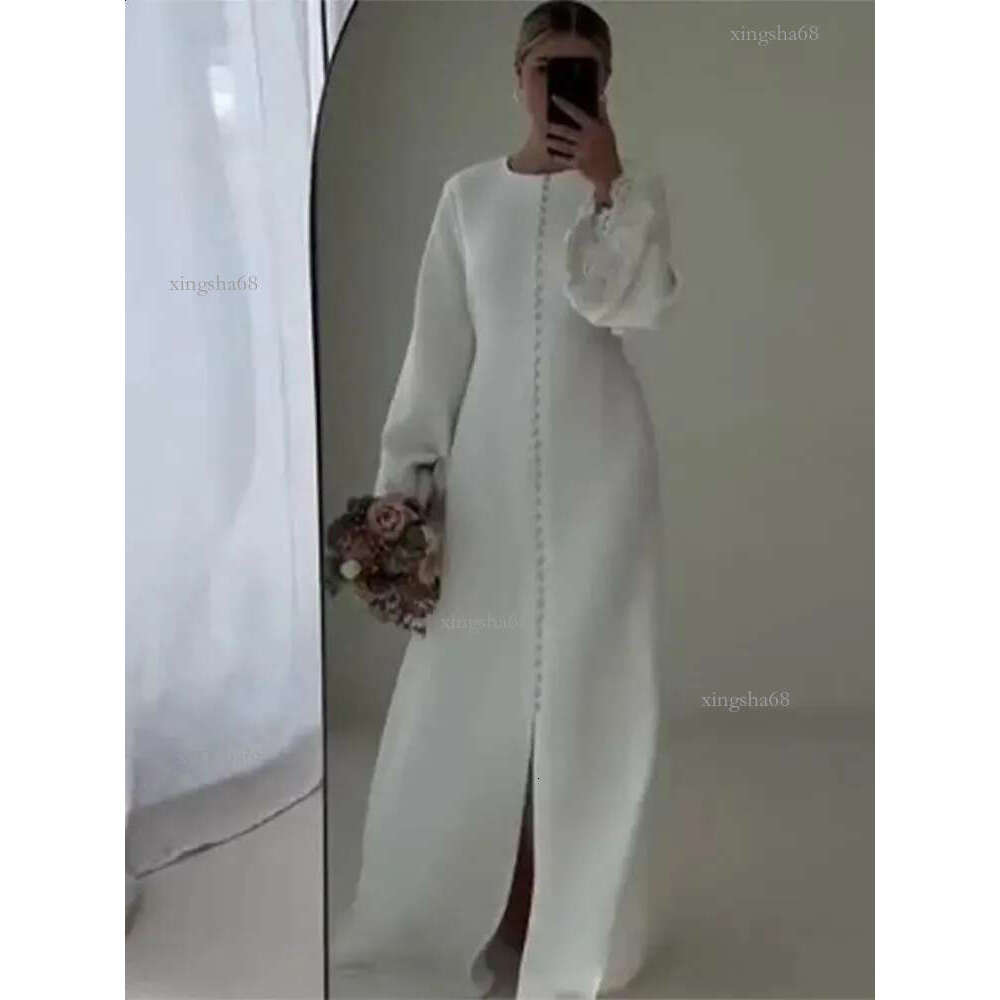All White Elegant Lace Flare Sleeve Singlebreasted Maxi Dresse Fashion O Neck Slit Solid Dress 2024 Lady Street Robes 24