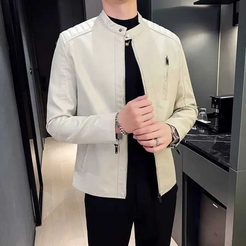 Mens Motorcycle Leather Jacket Spring and Autumn Casual Stand Collar Solid Color White Black Leather Jacket Zip Up PU Coat menT250311