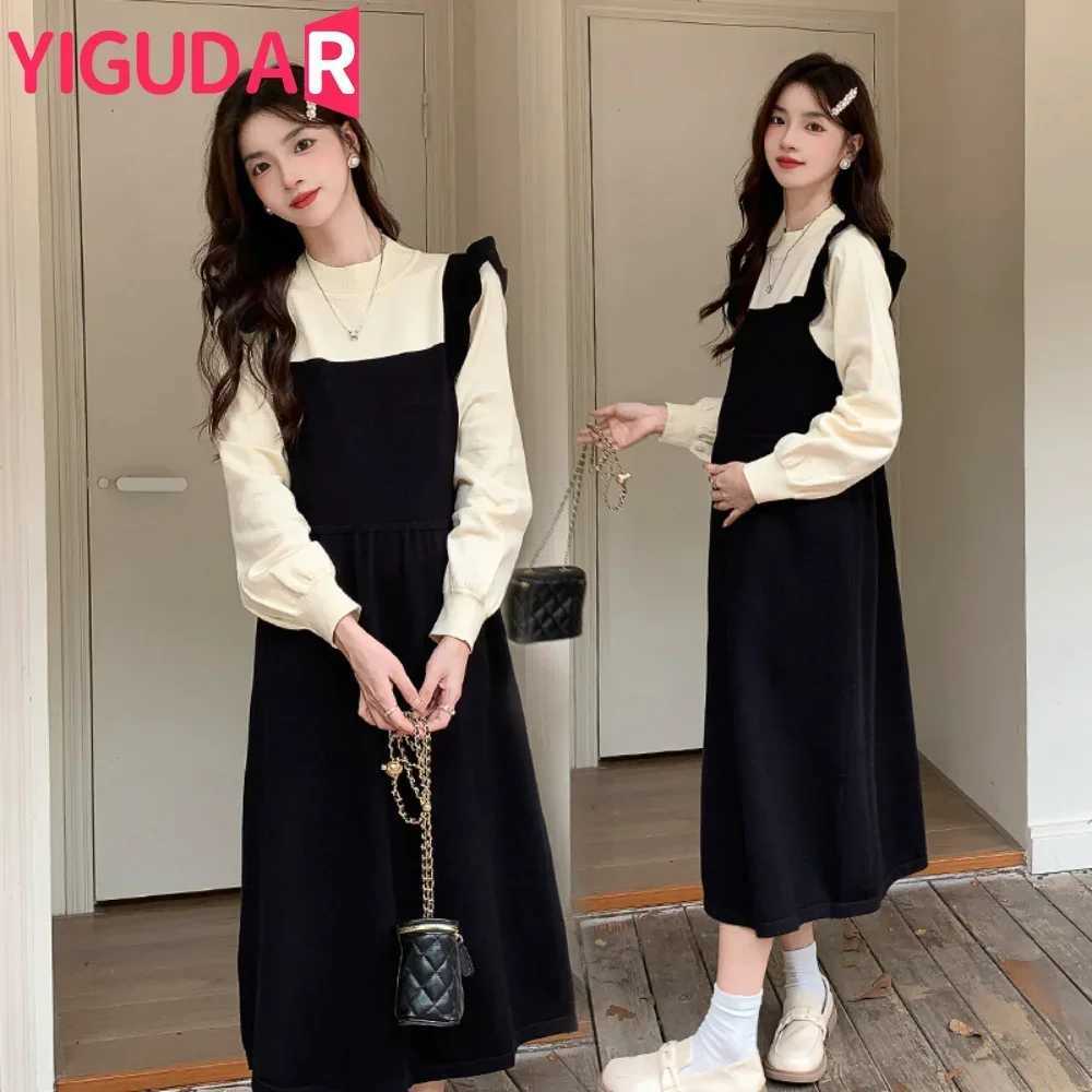 Maternity Dress Autumn Winter Long Sleeve Stitching Fake Two Pieces Clothes for Pregnant Women Knitted Pregnancy DressesT250311