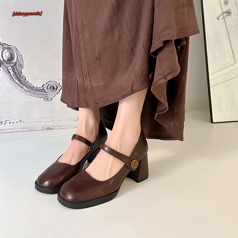 French High Heels Mary Jane 2024 Spring Edition Camellia Shallow Mouth Square Head Thick Heel Brown Single Shoes for Women ddmypanda