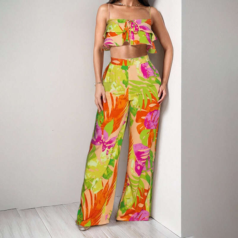 2025 Summer New Style Elegant Printed Mushroom Edge Strap Wide Leg Two Piece Set KLMY