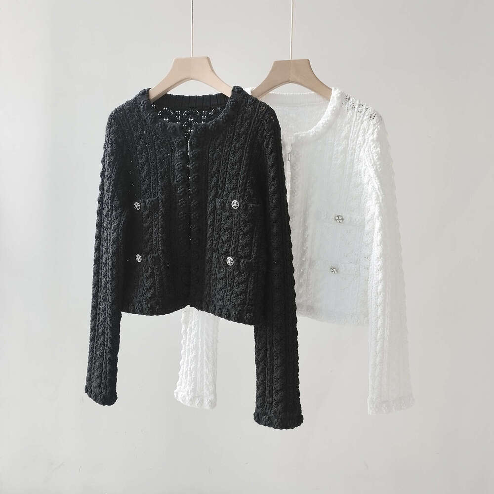 Pure Yuan High-End Small Fragrance Style Jacket Summer New Item Flower Metal Button Round Neck Hollow Knitted Cardigan Women's