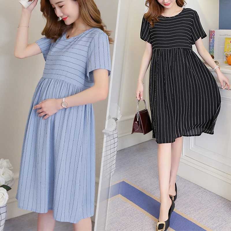 Maternity Spring and Summer Pregnancy Dress Ruffled Short-sleeved Striped Stitching Maternity Clothes Loose Dress for PremamaT250311