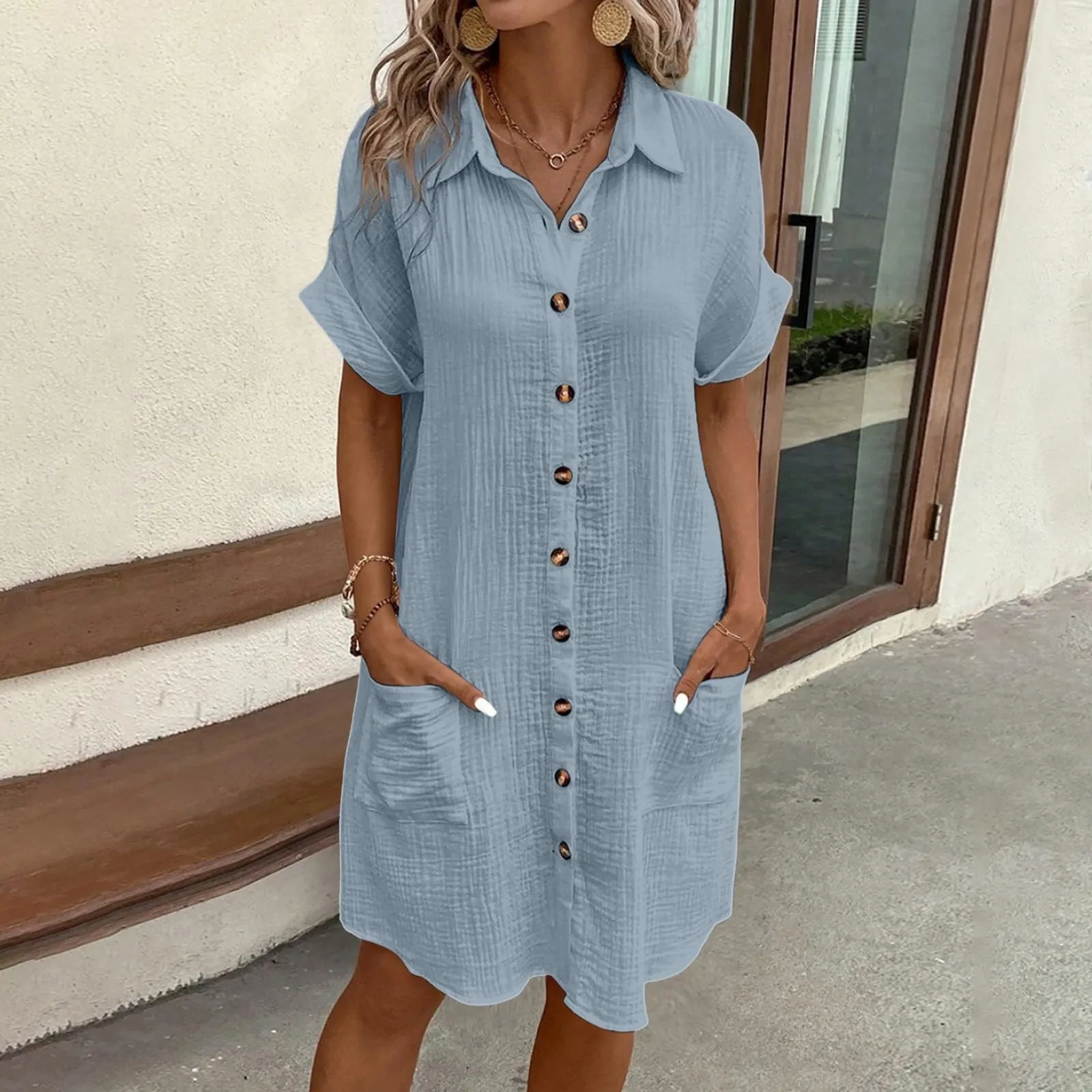 Womens Fashion Summer Minimalist Vneck Button Dress Cotton Flax White Short Sleeve Pocket Casual Loose Shirt 250311
