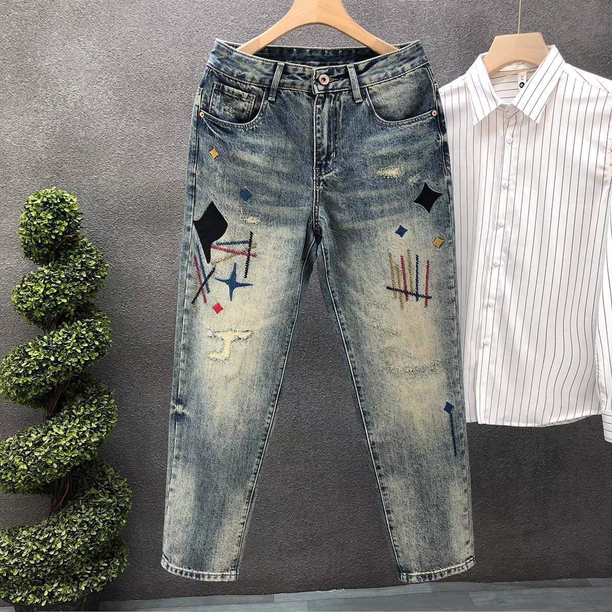 American Washed Vintage Fashion Designer Men s Jeans Hip hop Letter Print Gothic Style Four Season Straight Tube Loose High Street Style Pants Streetw