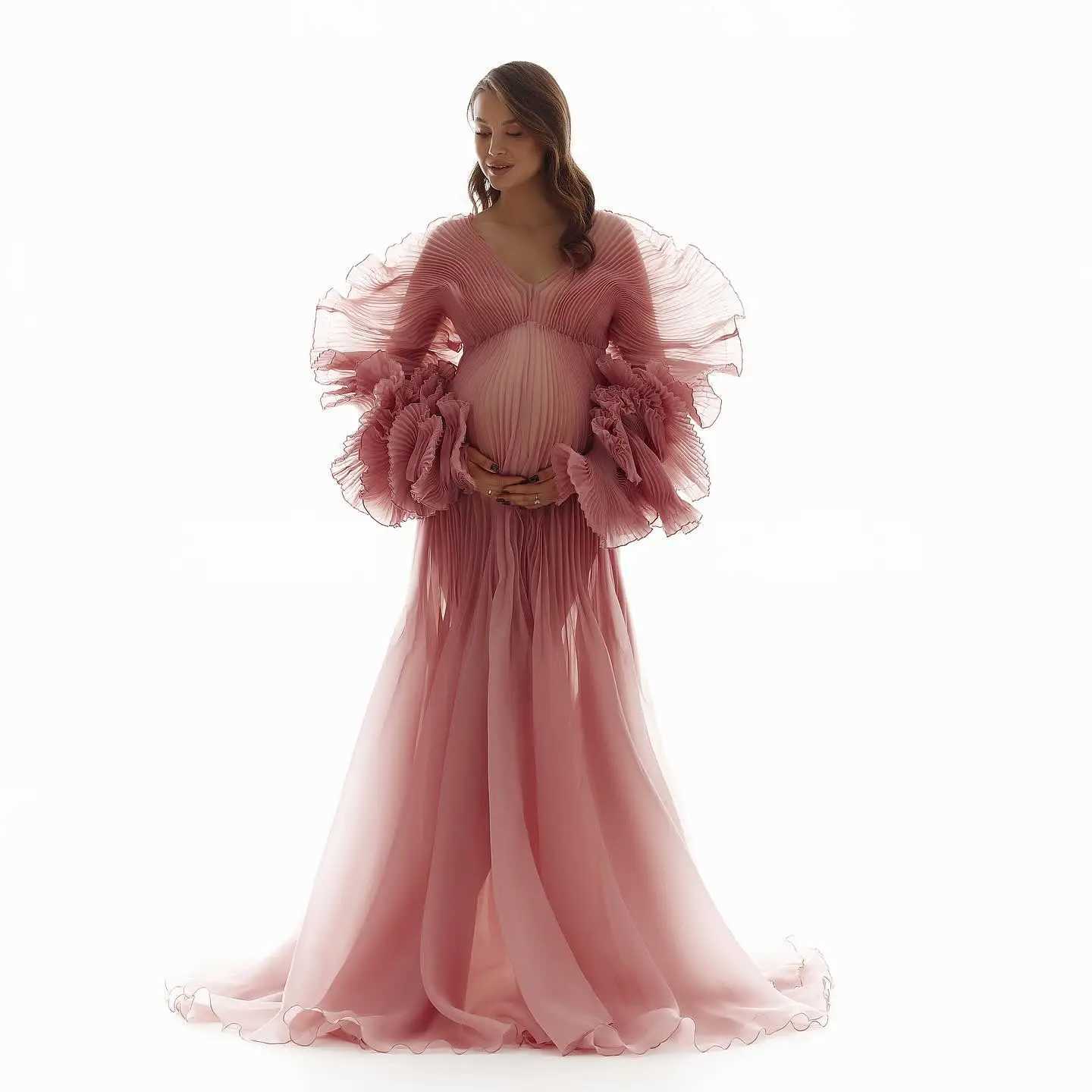 Beautiful Pink Pleated On Pregnant Women Dresses To Photoshoots Pretty A-line On Robe Maternity Dress X250224