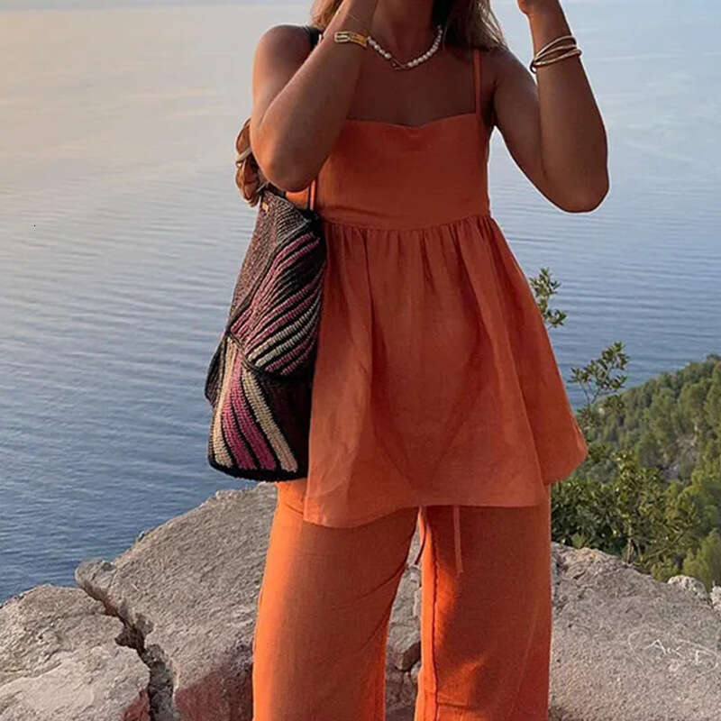 2025 Women's Temperament Commuting Suspender Solid Color Loose Two-Piece Casual Fashion Set KLMY