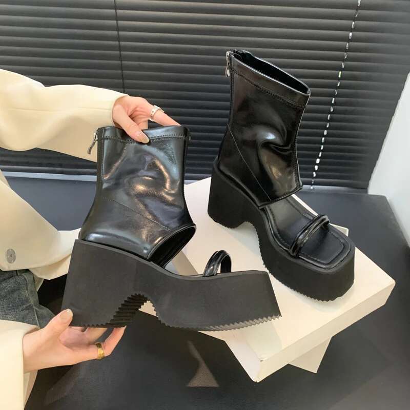High Heel Ladies Block High For Women Platform Heels Chunky Punk Back Zipper Wedge Sandals Summer High Tie Shoes Atos