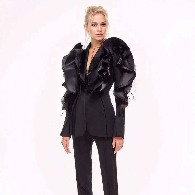 DEAT Fashion Black Three-Dimensional Splicing Ruffle Edge Blazer Women's Asymmetric Slim Fit Suit Jacket Spring 2025 New 7Ab8042