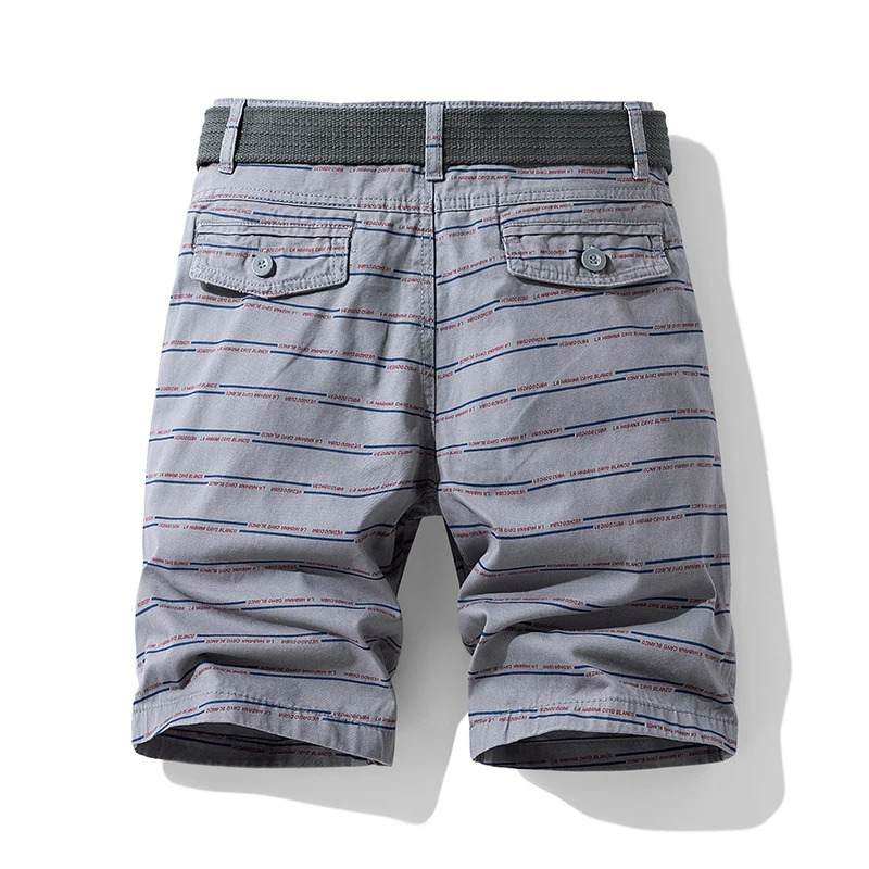 Summer thin striped multi pocket pure cotton workwear shorts mens oversized loose five point casual over knee beach shorts 250310