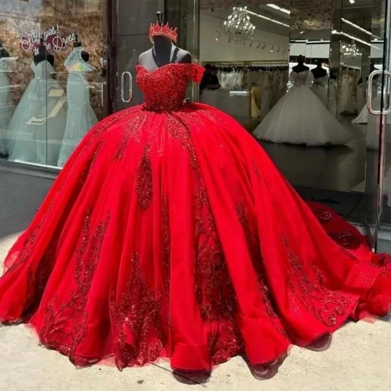 Red Shiny Quinceanera Dresses Ball Gown Off The Shoulder Sequins Applique Beading Crystal Party Birthday Sweet 16 Dress Vestidos 15 De Anos