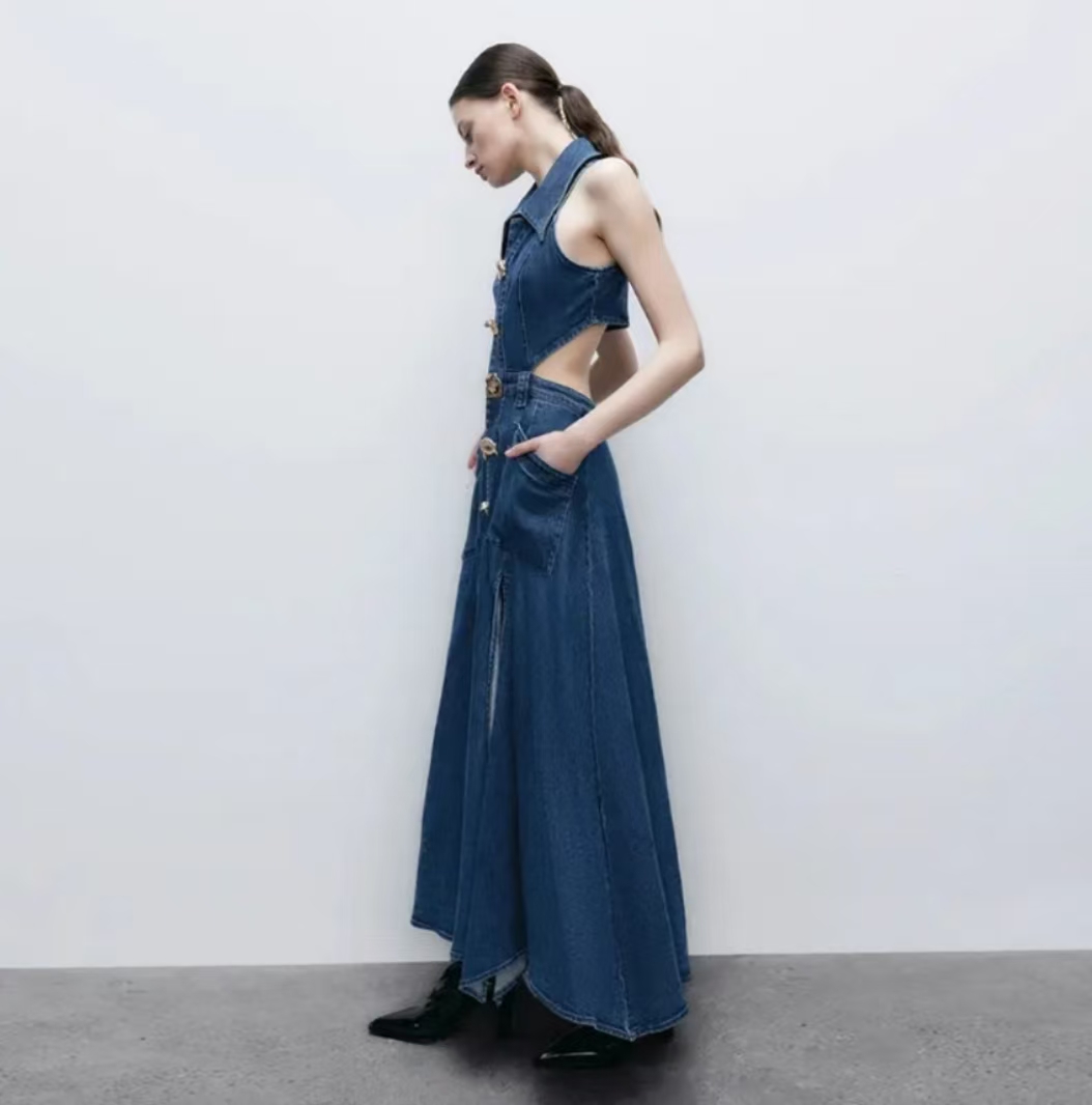 Women's Casual Denim Dresses Fashion Lapel Sleeveless Cut-Out Sides Slit with Big Pockets Women Lapel Hollowed Out Open Waist Waistband Slim Slee