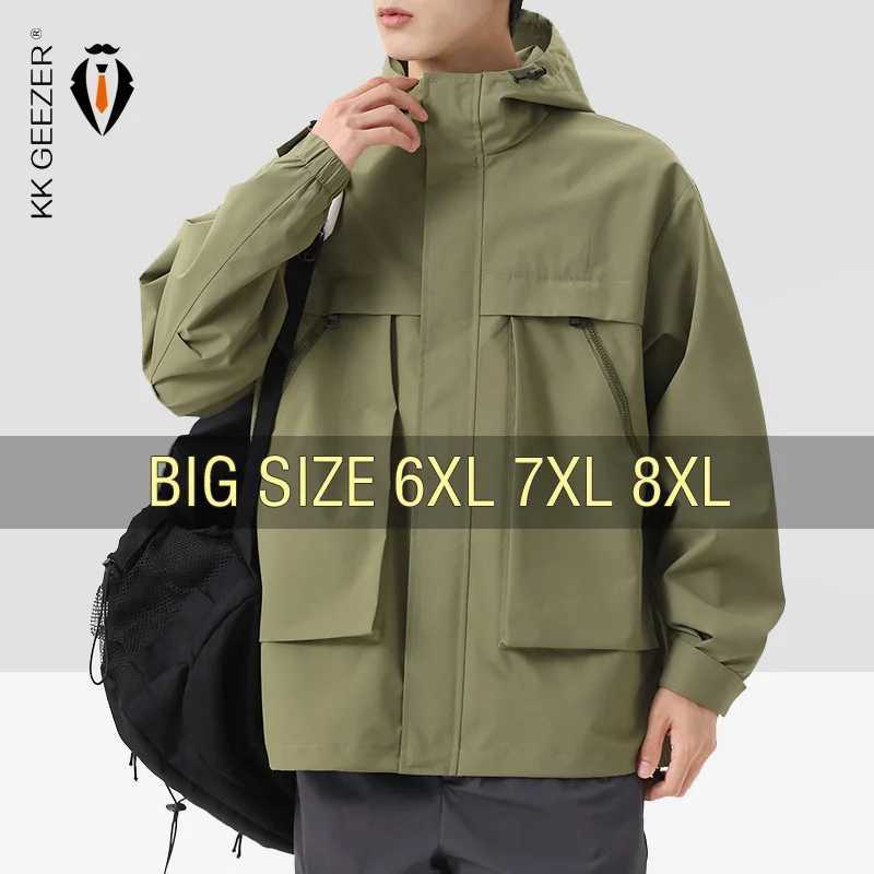 Men Jacket Hooded Windbreaker Trench Oversize 6XL 7XL 8XL Plus Size Black Light Coats Loose Male Waterproof Breathable SoftshellT250311