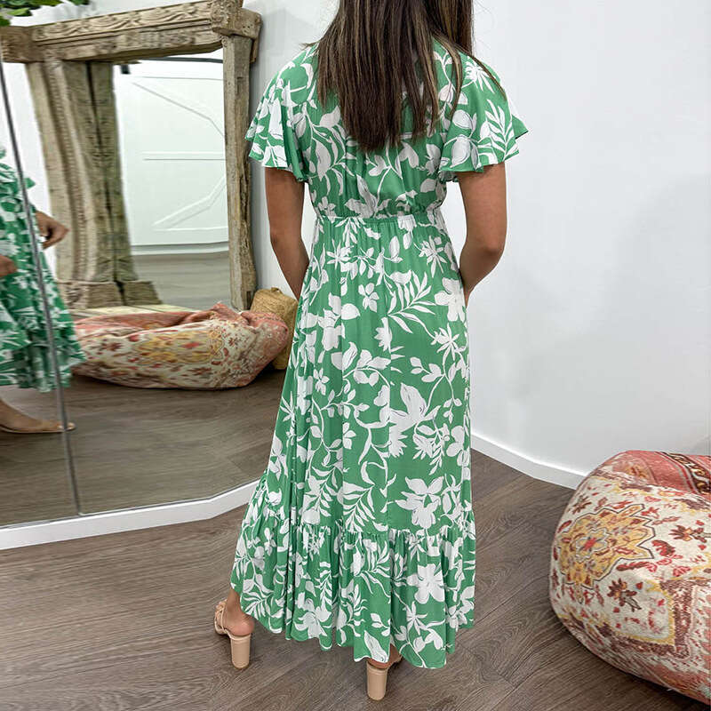 2025 Temperament Women's Fresh And Gentle V-Neck Flying Sleeve Printed Ruffle Edge Dress 661 KLMY