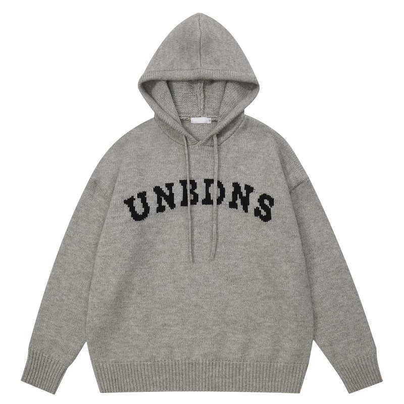 American high street vintage letter knitted sweater mens jacket trendy brand loose and versatile hooded pullover sweatshirt men 241209