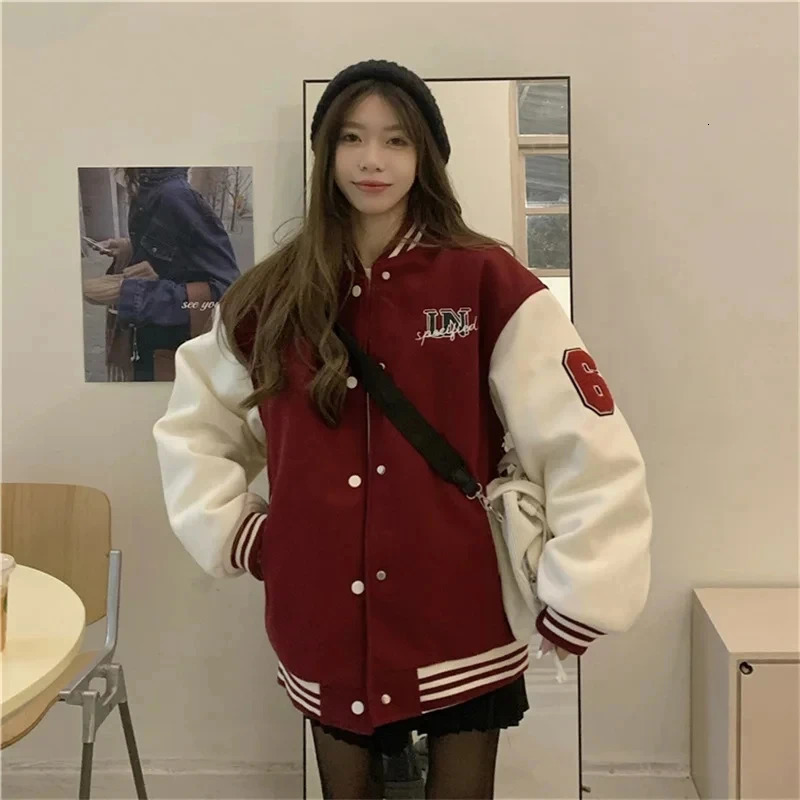 Y2k Varsity Bomber Jacket Women Red Brown Korean Fashion Winter Coat Vintage Baseball Jackets Hip Hop Streetwear Outerwear 250213