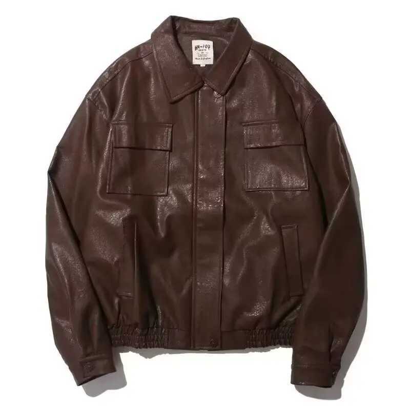 Motorcycle Leather Jacket Men Bomber Pilot Retro Loose Pu Short Coat Japanese Casual Streetwear Multi Pocket Trend Outwear NewT250311