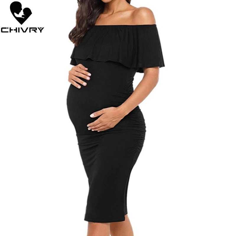 Chivry Pregnant Women Pregnancy Dress Fashion Short Sleeve Slash Neck Solid Ruffles Mom Dress Maternity Clothing Dresses X250224