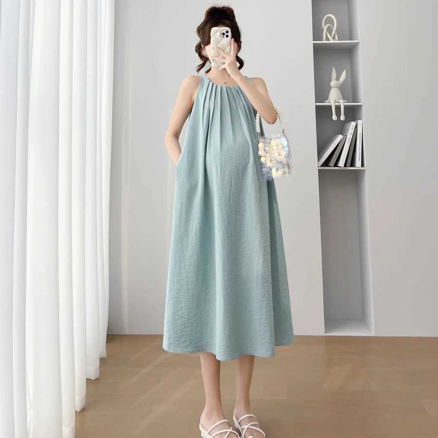 Japan and Korean Style Maternity Summer Clothes Sleeveless Pleated Sundress Solid Color Pregnancy Brief DressT250311