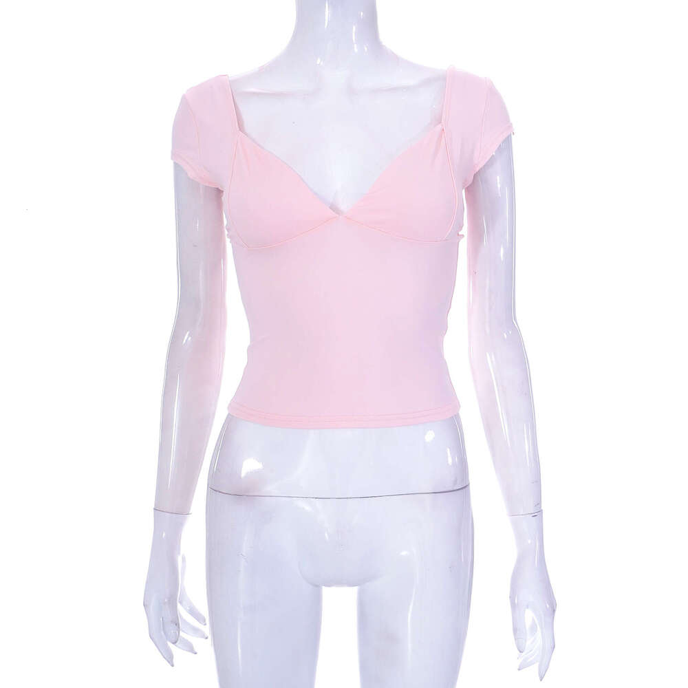 X22TP562 European American women's spring and summer solid color low cut round neck short sleeved top 2025 new item casual versatile fashion clot