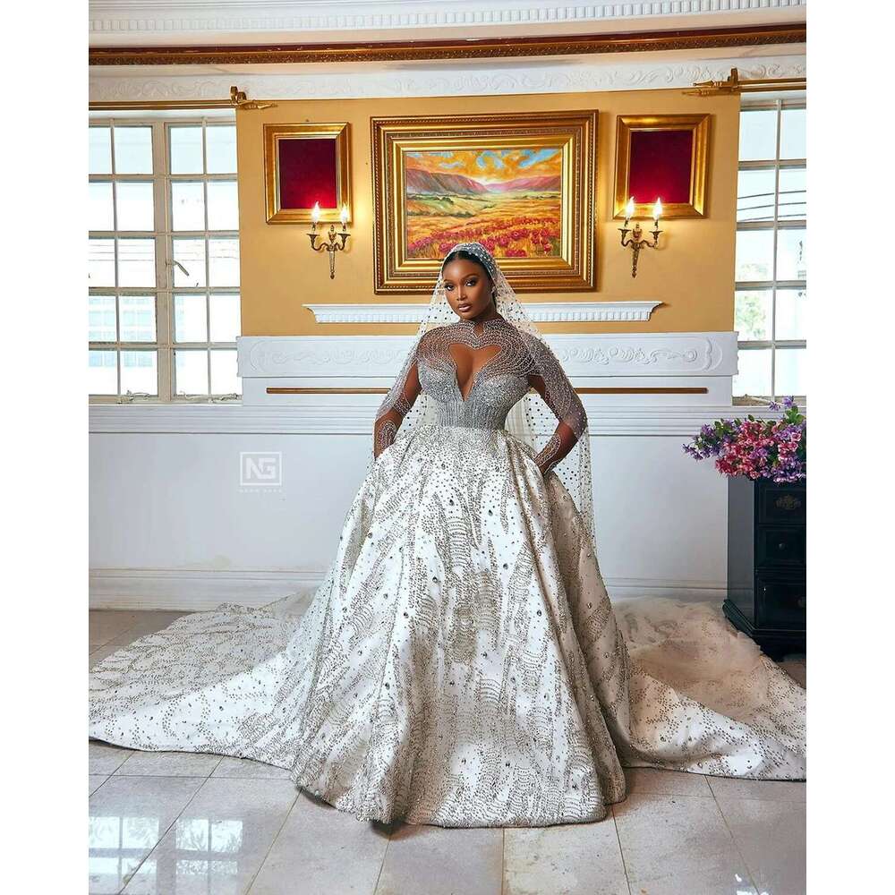 Exquisite Beaded Dresses, High Collar, Long Sleeve, Crystal Rhinestone, Wedding Dress, African, Arabic, Custom, Plus Size